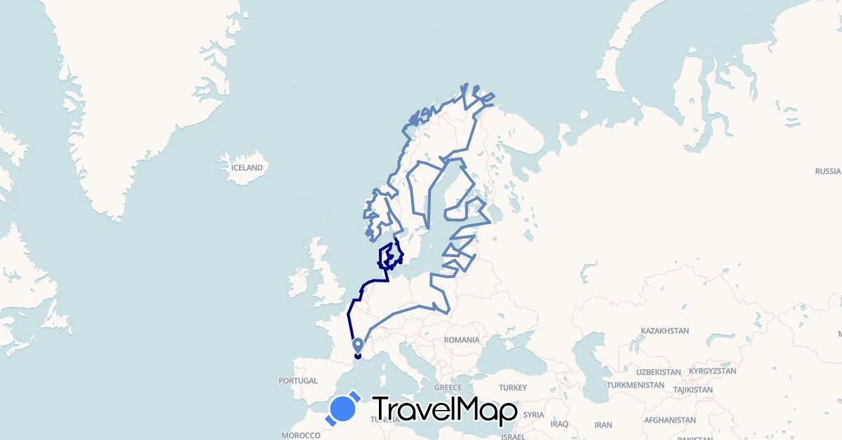 TravelMap itinerary: driving, cycling in Belgium, Germany, Denmark, Estonia, Finland, France, Lithuania, Latvia, Netherlands, Norway, Poland, Russia, Sweden (Europe)
