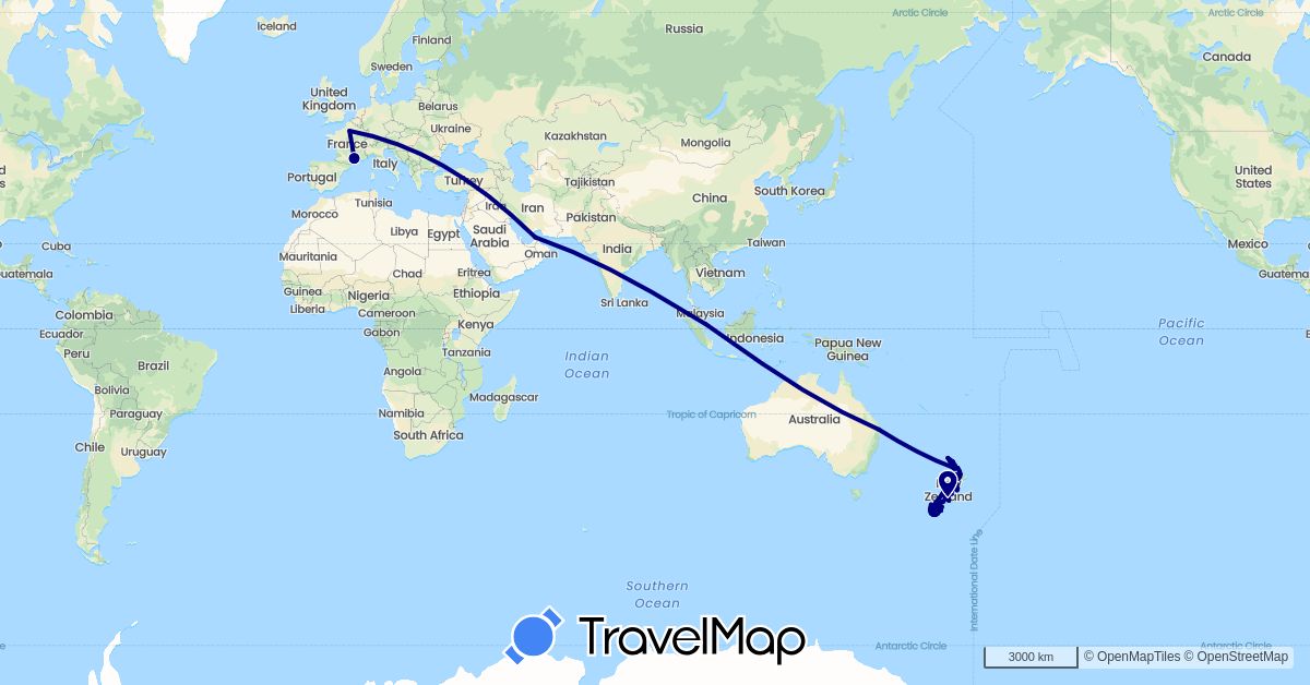 TravelMap itinerary: driving in United Arab Emirates, Australia, France, New Zealand, Singapore (Asia, Europe, Oceania)