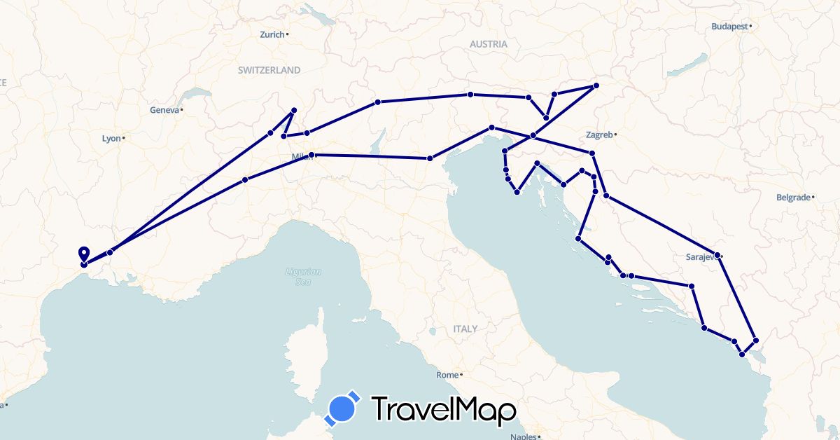 TravelMap itinerary: driving in Bosnia and Herzegovina, Switzerland, France, Croatia, Italy, Montenegro, Slovenia (Europe)